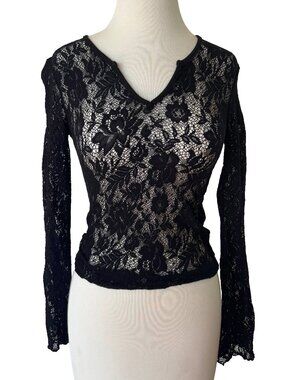 Vintage Black Lace V Neck Long Sleeve Stretchy Bodycon Sheer Top Flared Sleeve